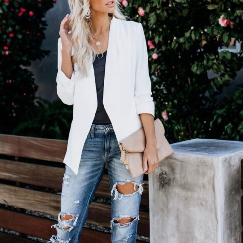 Mod Ref Solid White Open-Front Blazer Jacket Ruched Sleeves Polyester: Large